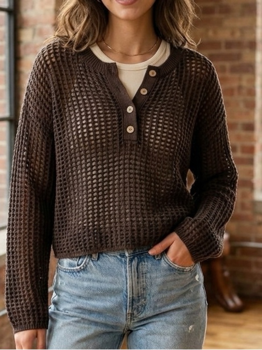 Pull&Bear Chocolate Waffle-Knit Henley Sweater- Medium